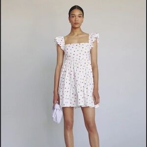Reformation Jeune White Red Ditsy Floral Ruffle Sleeve Babydoll Mini Dress